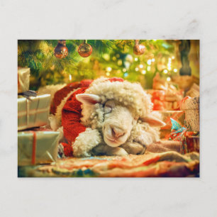 Schlafende Schafe unter Weihnachtsbaumlichtern Feiertagspostkarte