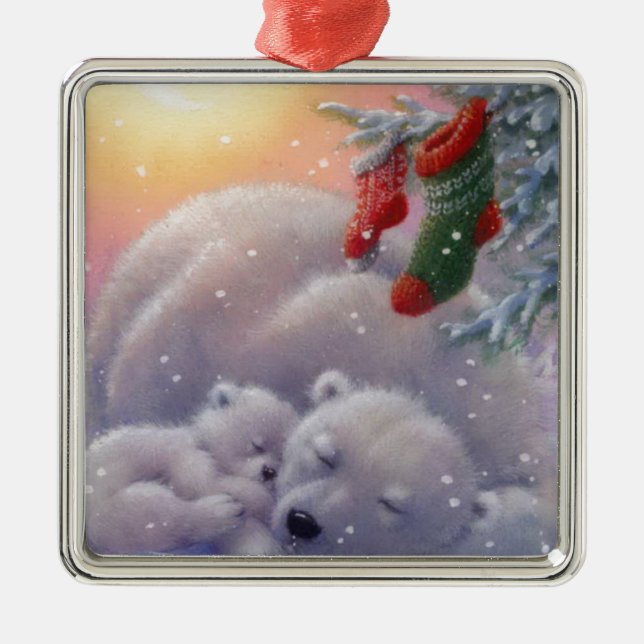 Schlafende Weihnachtsbären Silbernes Ornament (Vorne)