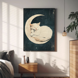 Schlafende weiße Katze auf dem Halbmond - Träume N Poster