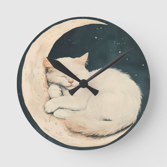 Schlafende weiße Katze auf dem Halbmond - Träume N Runde Wanduhr (Vorderseite)