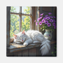 Schlafende weiße Katze und violette Blumen 