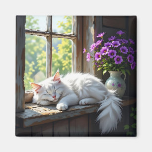 Schlafende weiße Katze und violette Blumen  Magnet