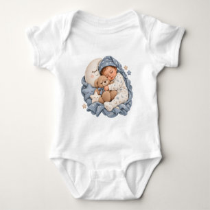 Schlafender Baby-Teddybär und Halbmond Blau Baby Strampler