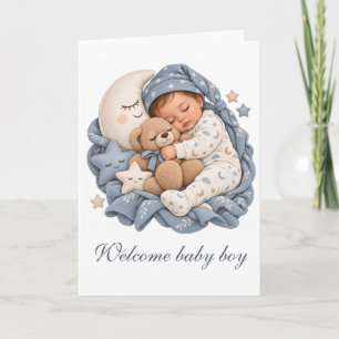 Schlafender Baby-Teddybär und Halbmond Blau Karte
