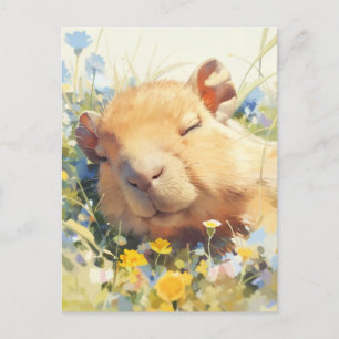 Schlafender Capybara auf einer Blumenwiese Postkarte