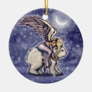 Schlafender Engel auf Eisbär-Weihnachts-Kunst Keramik Ornament