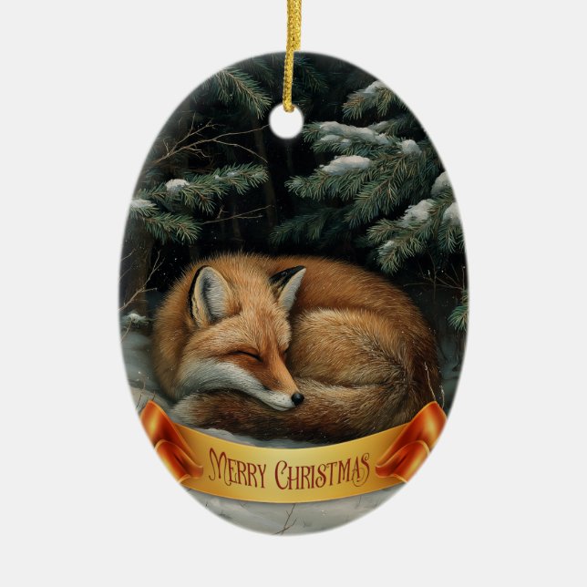 Schlafender Fuchs im Winterwald Keramik Ornament (Vorne)