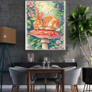 Schlafender Hase auf Fliegenpilz – Whimsical Woodl Poster