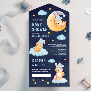 Schlafender Hase auf Mond Navy Blau Baby Shower All In One Einladung