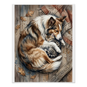 Schlafender Hund und kuschelnde Katze vor gemütlic Poster