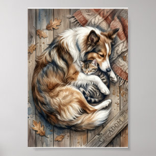 Schlafender Hund und kuschelnde Katze vor holziger Poster