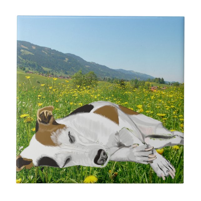 Schlafender Jack Russell in einer farbenfrohen Blu Fliese (Vorderseite)