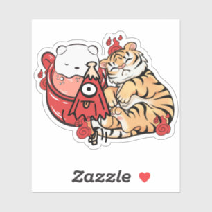 Schlafender kawaii Tiger und Kasa-obake-Geist Aufkleber