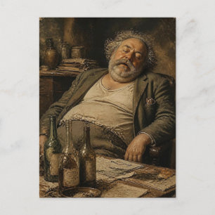 Schlafender Mann und Weinflaschen Postkarte