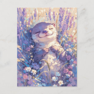 Schlafender Otter auf violettem Lavendelfeld Postkarte