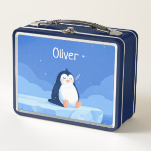 Schlafender Pinguin, Jungen, Personalisierte Blaue Metall Brotdose