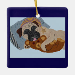 Schlafender Pug mit Teddybär Keramikornament