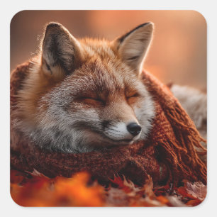 Schlafender Rotfuchs in einem gemütlichen Herbstsc Quadratischer Aufkleber
