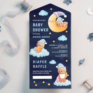 Schlafender Teddybär auf dem Mond Navy Blau Babypa All In One Einladung