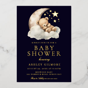 Schlafender Teddybär auf Mond Baby Shower Gold Folieneinladung