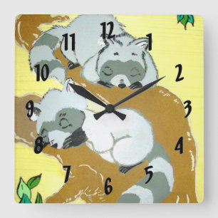 Schlafender Waschbär Quadratische Wanduhr