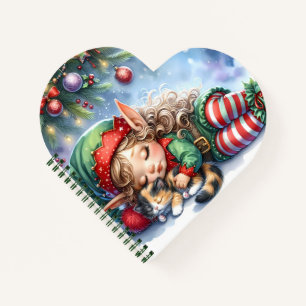 Schlafender Weihnachtself mit Calico-Kätzchen Notizbuch