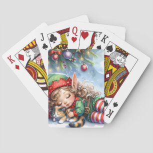 Schlafender Weihnachtself mit Calico-Kätzchen Spielkarten