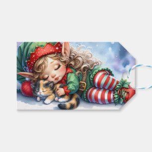 Schlafender Weihnachtself mit dreifarbigem Kätzche Geschenkanhänger