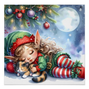 Schlafender Weihnachtself mit dreifarbigem Kätzche Poster
