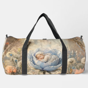 Schlafendes Baby in blauem Blumen-Baby  Duffle Bag