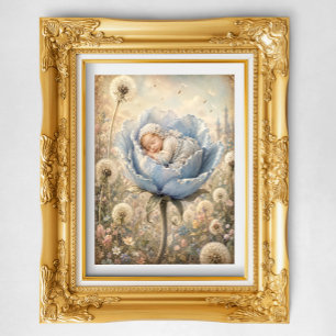 Schlafendes Baby in blauer Blume Poster