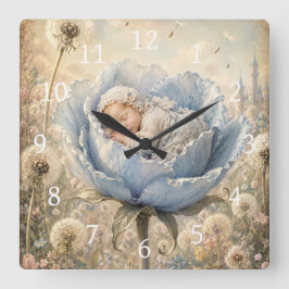 Schlafendes Baby in blauer Blume Quadratische Wanduhr