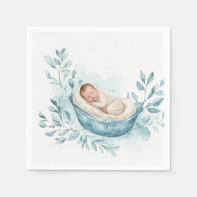 Schlafendes Baby in blauer Wiege Serviette (Vorderseite)