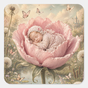 Schlafendes Baby in rosa Blume Quadratischer Aufkleber