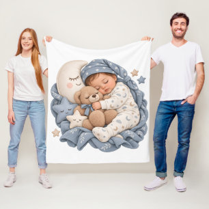 Schlafendes Baby-Teddybär & Halbmond Blau Fleecedecke