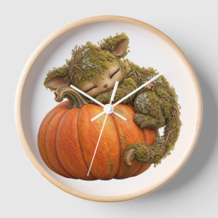 Schlafendes Fantasie-Wesen umarmt Kürbis-Wanduhr Uhr