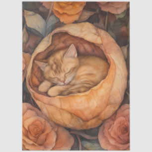 Schlafendes Kätzchen in Rosenblüten-Aquarell-Blume Seidenpapier