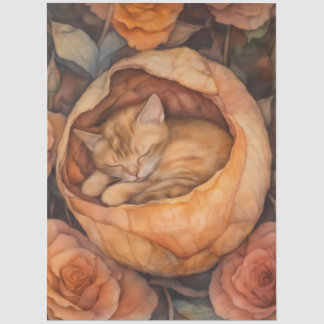 Schlafendes Kätzchen in Rosenblüten-Aquarell-Blume Seidenpapier