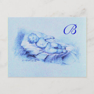 SCHLAFENDES KIND, BLAUE BABYPARTY MONOGRAMM EINLADUNGSPOSTKARTE