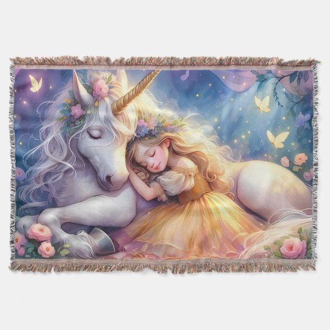 Schlafendes Mädchen Einhorn Traumlandschaft Decke (Vorderseite)