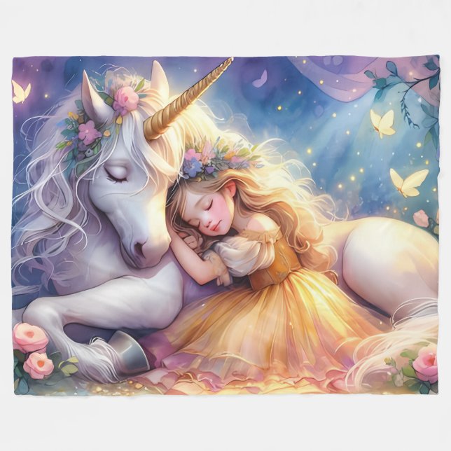 Schlafendes Mädchen Einhorn Traumlandschaft Fleecedecke (Vorderseite (Horizontal))