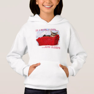 Schlafengraues Tabby-Kätzchen im hellen roten Kor Hoodie