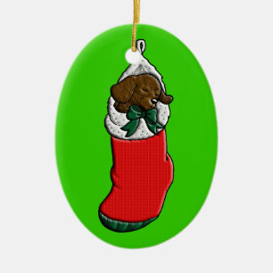 Schlafenwelpe im WeihnachtsStrumpf Keramikornament