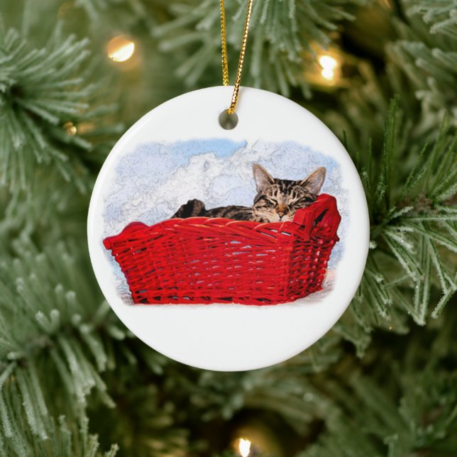 Schlafkätzchen im hellen roten Korb, kundenspezifi Keramikornament (Baum)