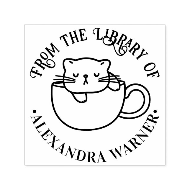 Schlafkatze im Coffee Cup Round Library Book Name Permastempel (Design)