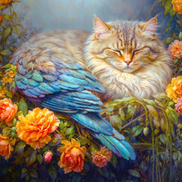 Schlafkatze mit Blauen Federn Nistend in Rose