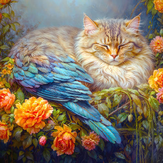 Schlafkatze mit Blauen Federn Nistend in Rose