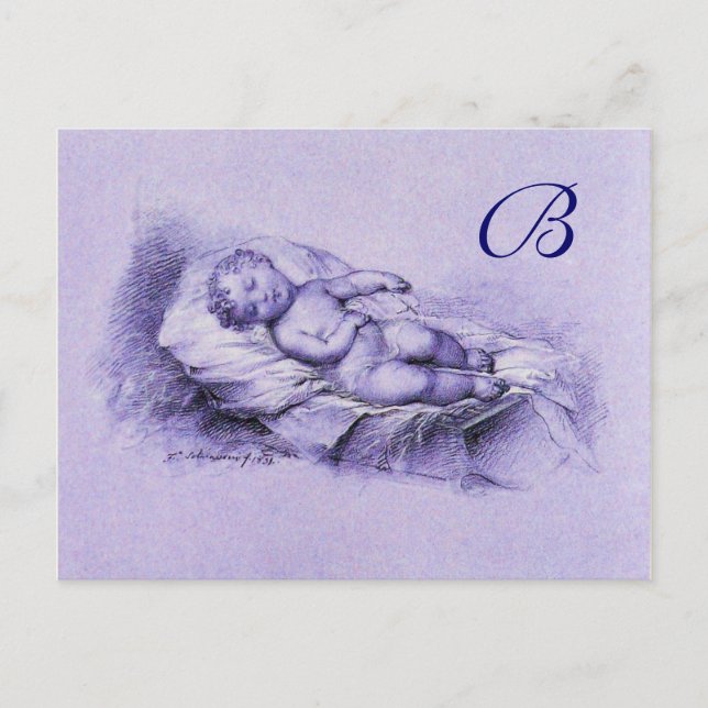 SCHLAFKIND, BLUE BABY DUSCHMONOGRAM EINLADUNGSPOSTKARTE (Vorderseite)