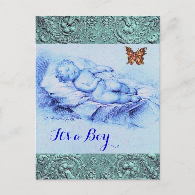 SCHLAFKIND, BÜTTERFLY, BLUE BABY DUSCHE EINLADUNGSPOSTKARTE (Vorderseite)