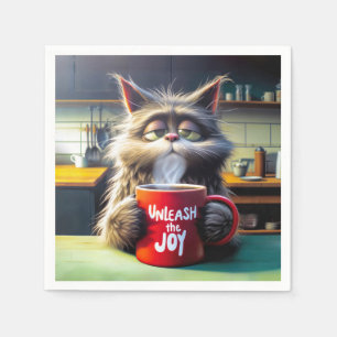 Schlaflose Katze mit lustigem Text auf einer Tasse Serviette